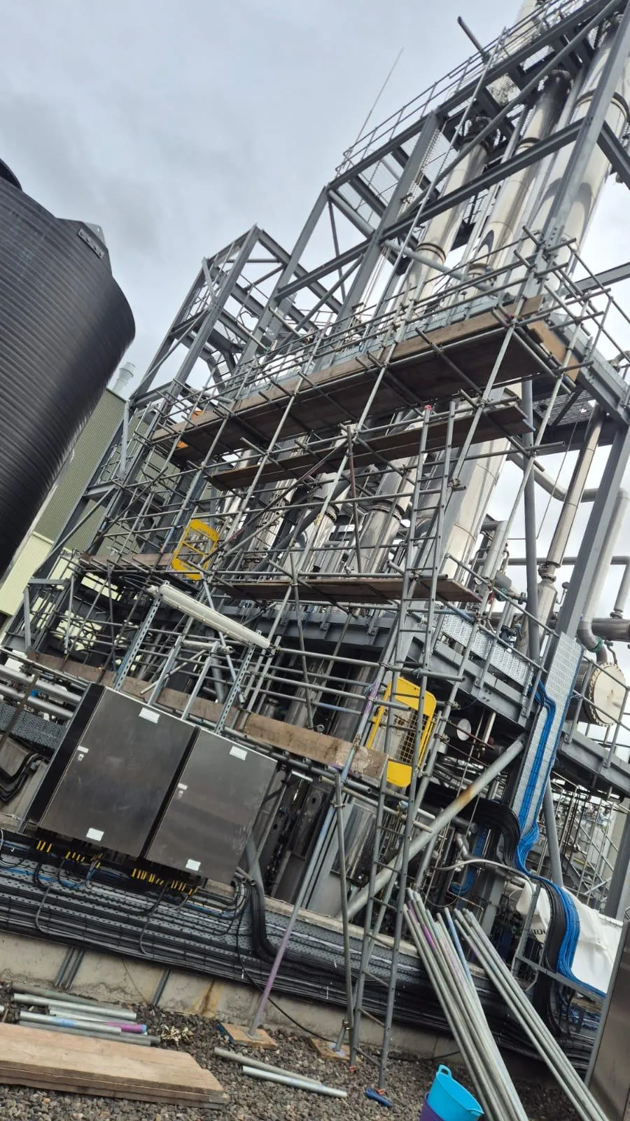 Scaffolding built through the steelwork and pipework of a process plant